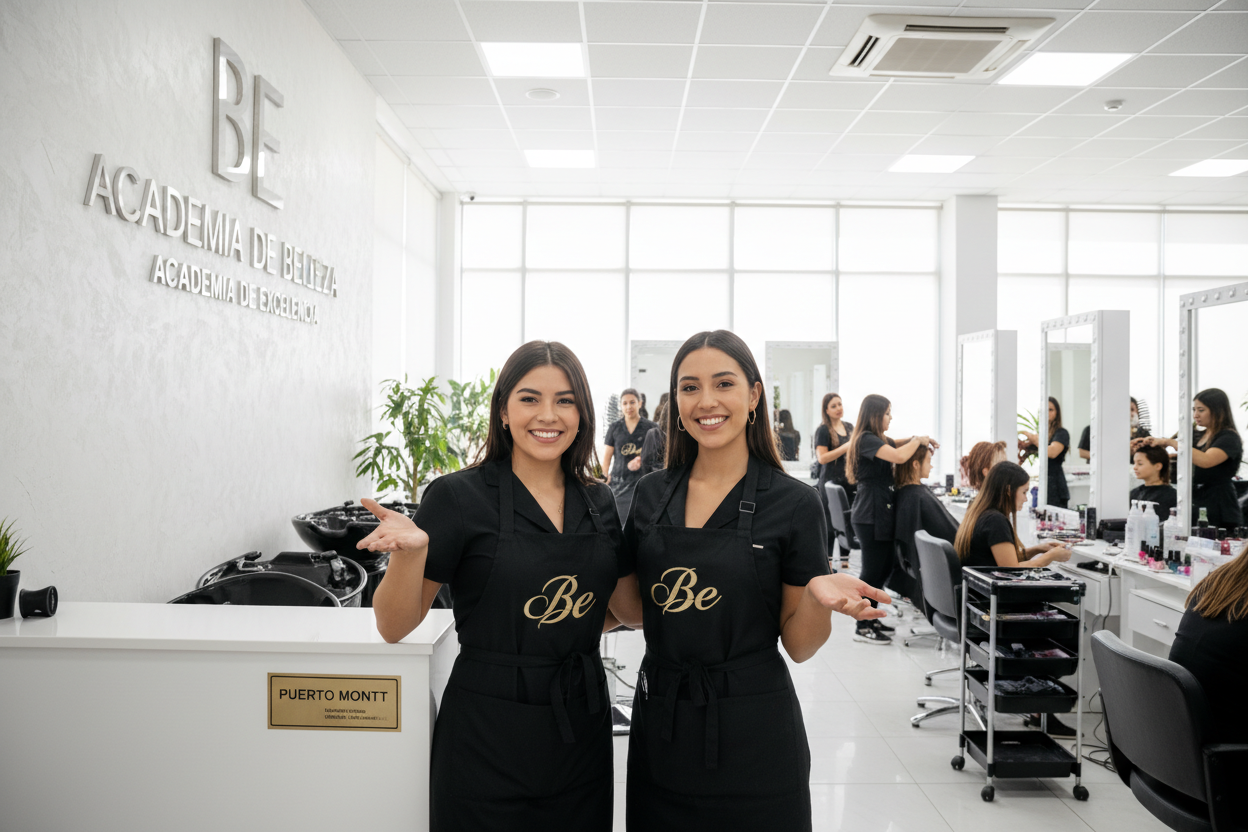 Academia de belleza, con alumnas practicando peluqueria y manicure , además dos mujeres hermosas y felices en primer plano vestidas con uniforme negro,  y en su delantal el logo Be con fuente  de letra "Angeletta", destacar lo siguiente "Be Academia de Belleza" con slogan Academia de Excelencia y que aparezca las palabras "Puerto Montt" en algún lugar.
