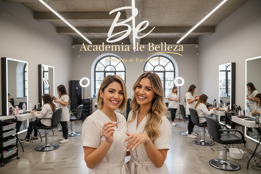 academia de peluqueria y uñas, con alumnas practicando peluqueria y manicure , además dos mujeres hermosas y felices en primer plano, destacar lo siguiente "Be Academia de Belleza" con slogan Academia de Excelencia