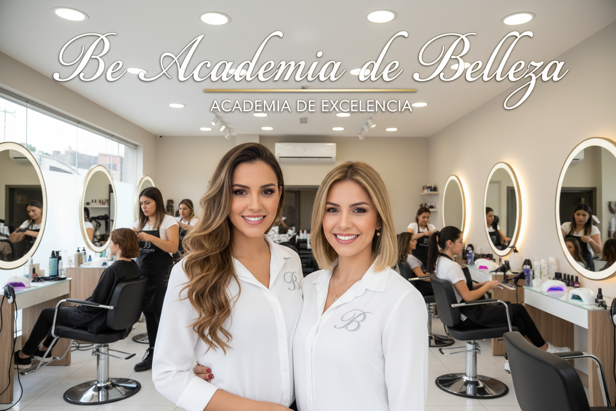 academia de peluqueria y uñas, con personas trabajando y dos mujeres hermosas y felices en primer plano, destacar lo siguiente "Be Academia de Belleza" con slogan Academia de Excelencia