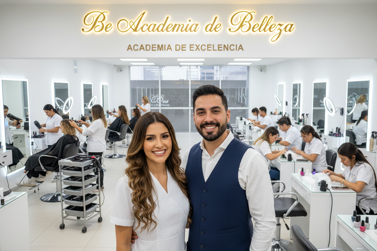 academia de peluqueria y uñas, con personas trabajando y una mujer y hombre hermosos y felices en primer plano, destacar lo siguiente "Be Academia de Belleza" con slogan Academia de Excelencia