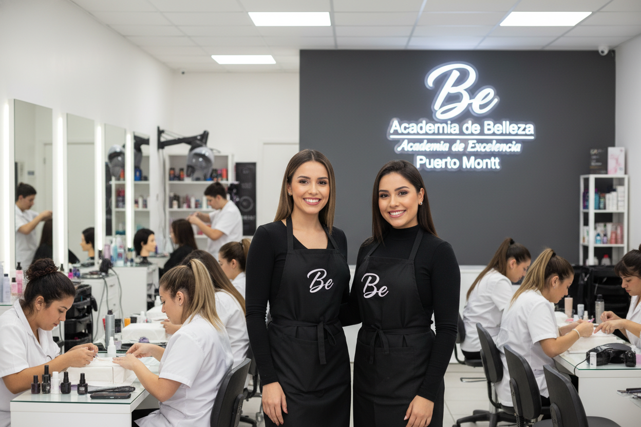 alumnas practicando peluqueria y manicure , además dos mujeres hermosas y felices en primer plano vestidas con uniforme negro,  y en su delantal el logo Be con fuente  de letra "Angeletta", destacar lo siguiente "Be Academia de Belleza" con slogan Academia de Excelencia y que aparezca las palabras "Puerto Montt" en algún lugar.
