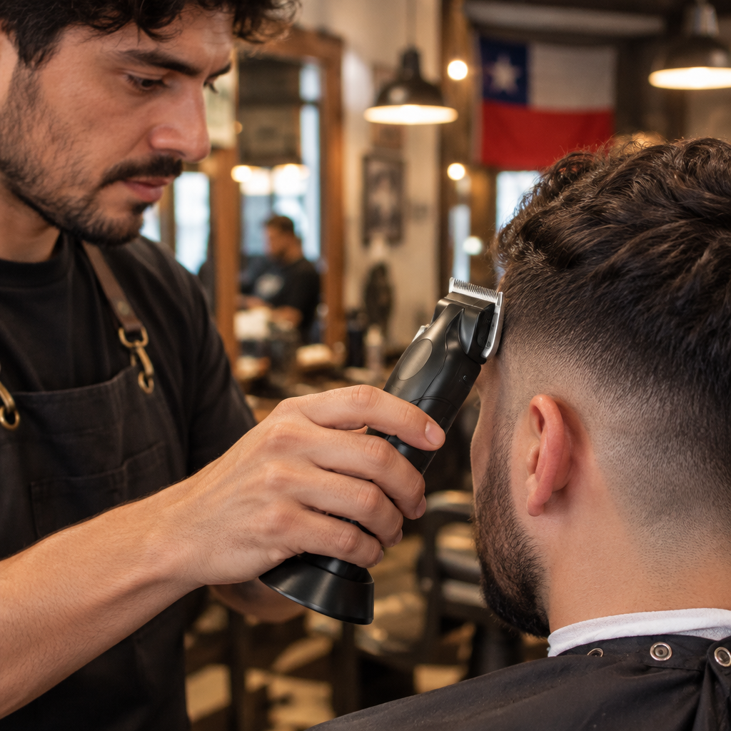 Clipper en barbería con barbero y cliente