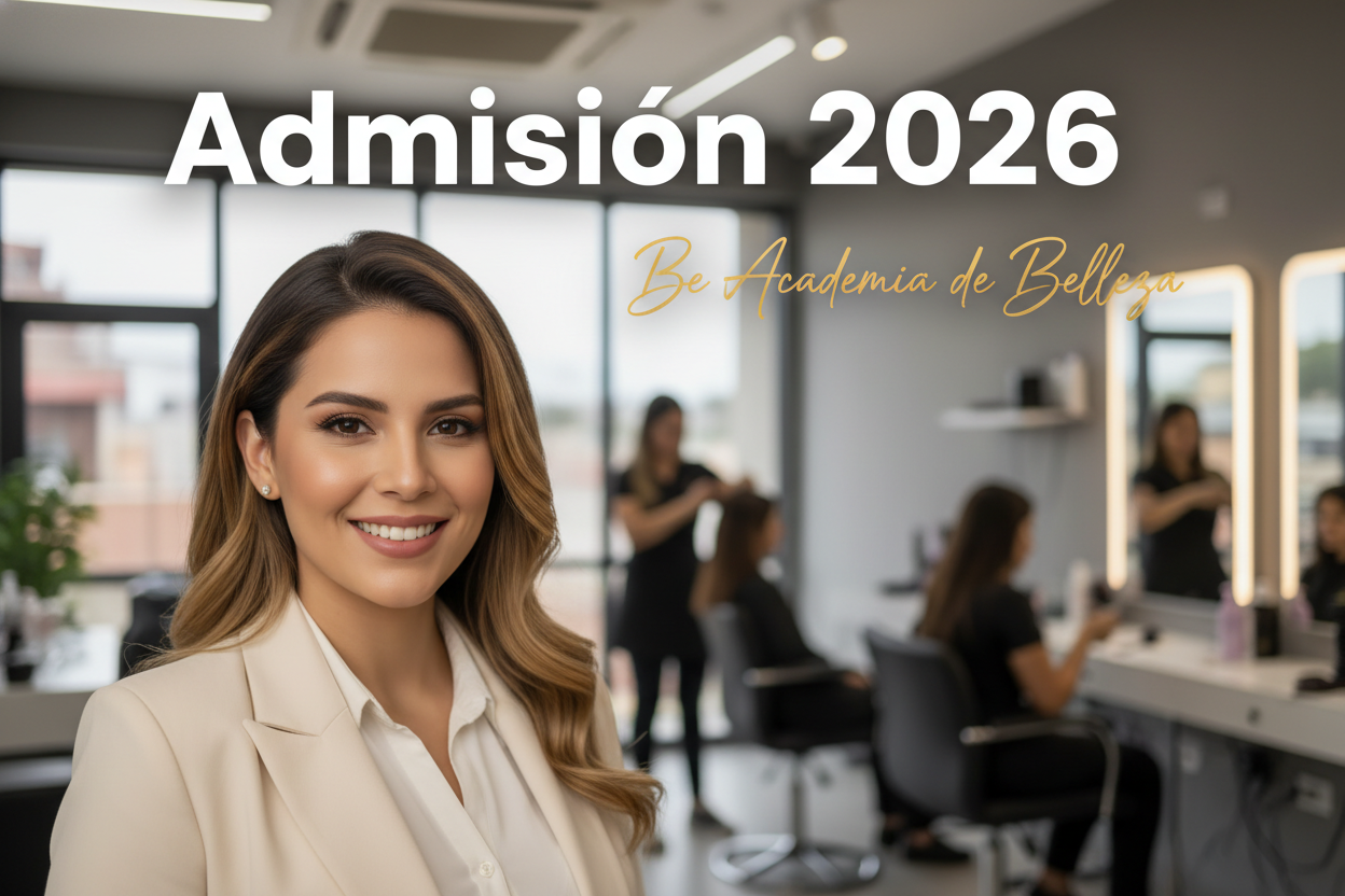 hermosa mujer en primer plano, preentando nuestra Academia de Belleza, deseo un titulo que diga  "Admisión 2026" y sub titulo Be Academia de Belleza que destaque, alguna alumnas parcticando peluqueria y manicure de fondo; foto vertical