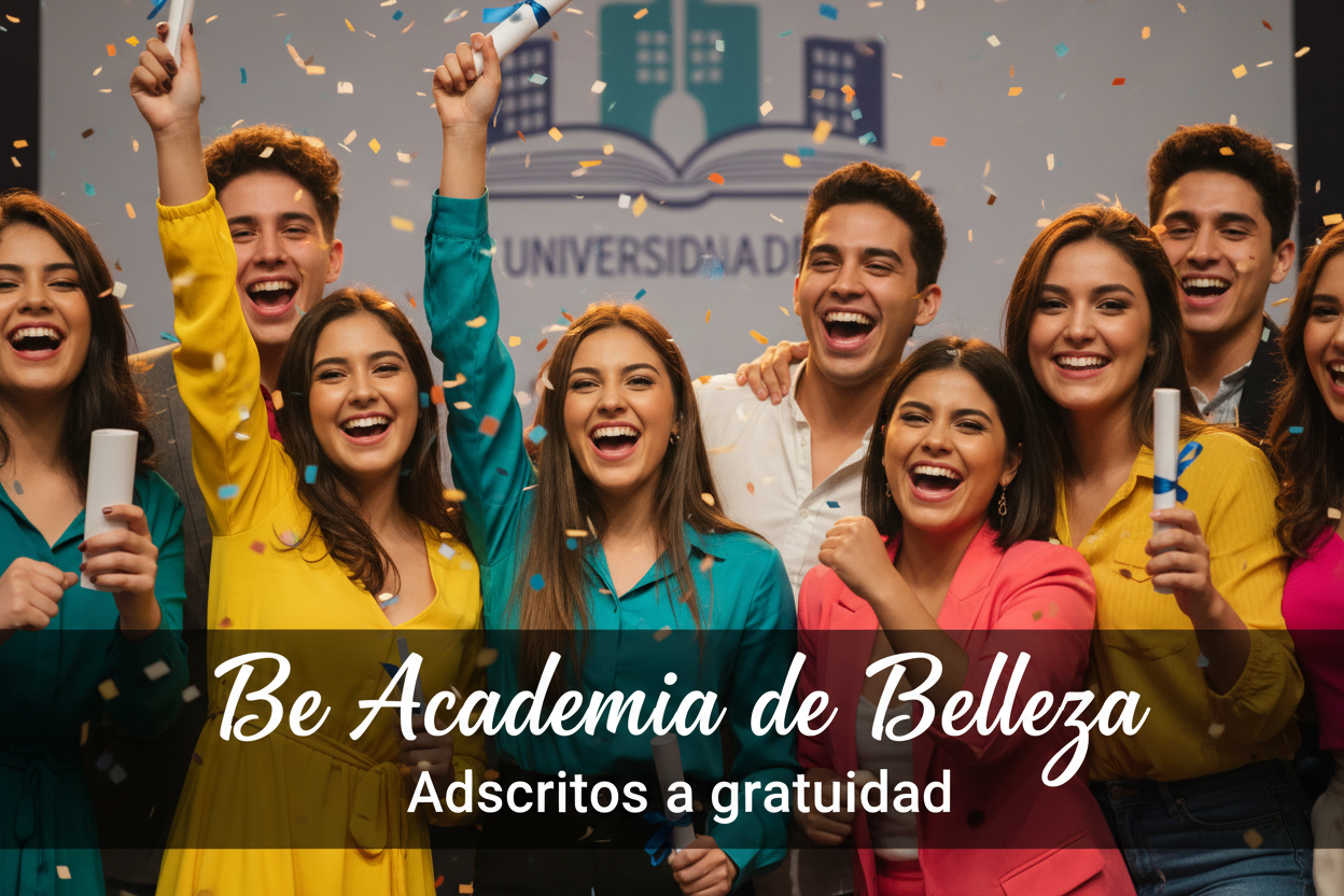 jovenes de ambos sexos felices en primer plano,  alegres por ganar la gratuidad, destacar lo siguiente "Be Academia de Belleza" con slogan Adscritos a gratuidad con fuente  de letra "Angeletta"
