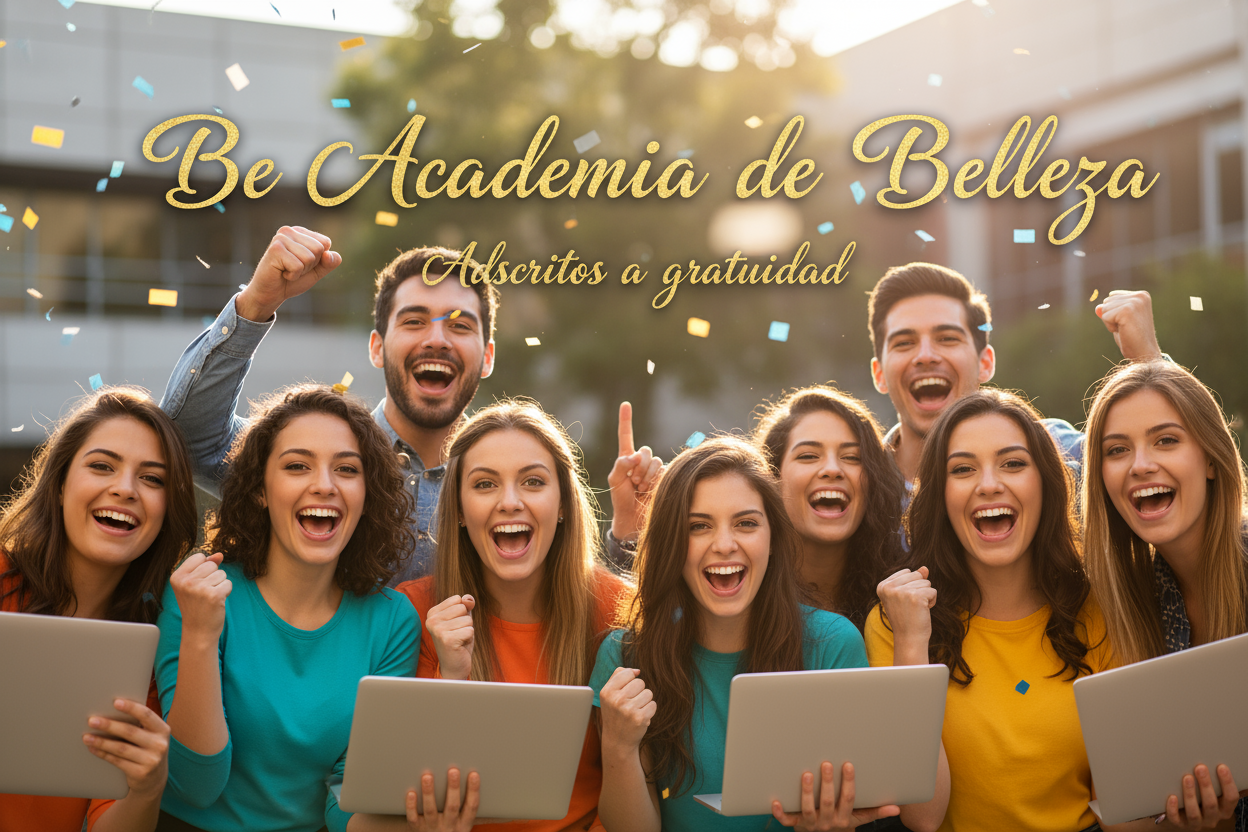 jovenes de ambos sexos felices en primer plano,  alegres por postular a la gratuidad, destacar lo siguiente "Be Academia de Belleza" con slogan Adscritos a gratuidad con fuente  de letra "Angeletta" 