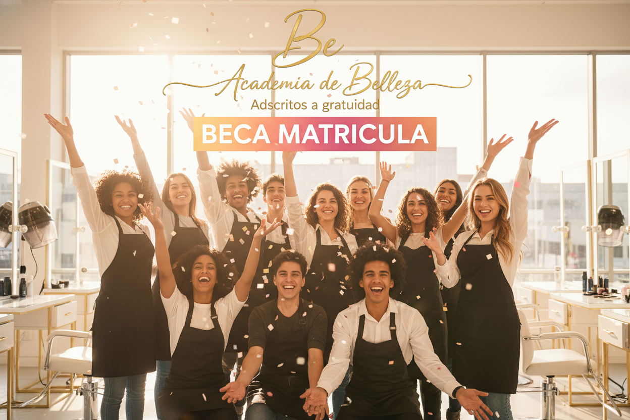 jovenes de ambos sexos felices en primer plano,  alegres por postular a la gratuidad, destacar lo siguiente "Be Academia de Belleza" con slogan Adscritos a gratuidad con fuente  de letra "Angeletta"  y agregar en un recuadro llamativo lo siguiente: BECA MATRICULA