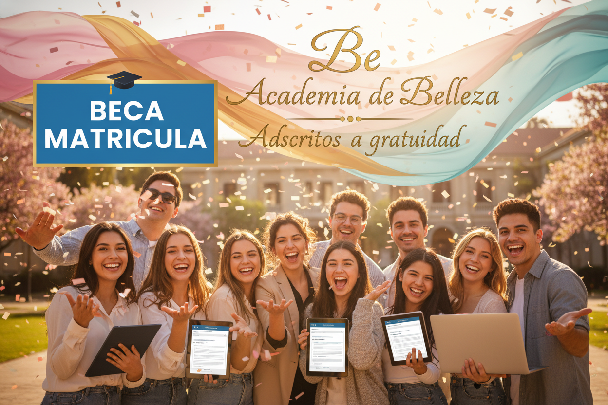 jovenes de ambos sexos felices en primer plano,  alegres por postular a la gratuidad, destacar lo siguiente "Be Academia de Belleza" con slogan Adscritos a gratuidad con fuente  de letra "Angeletta"  y agregar en un recuadro lo siguiente: BECA MATRICULA