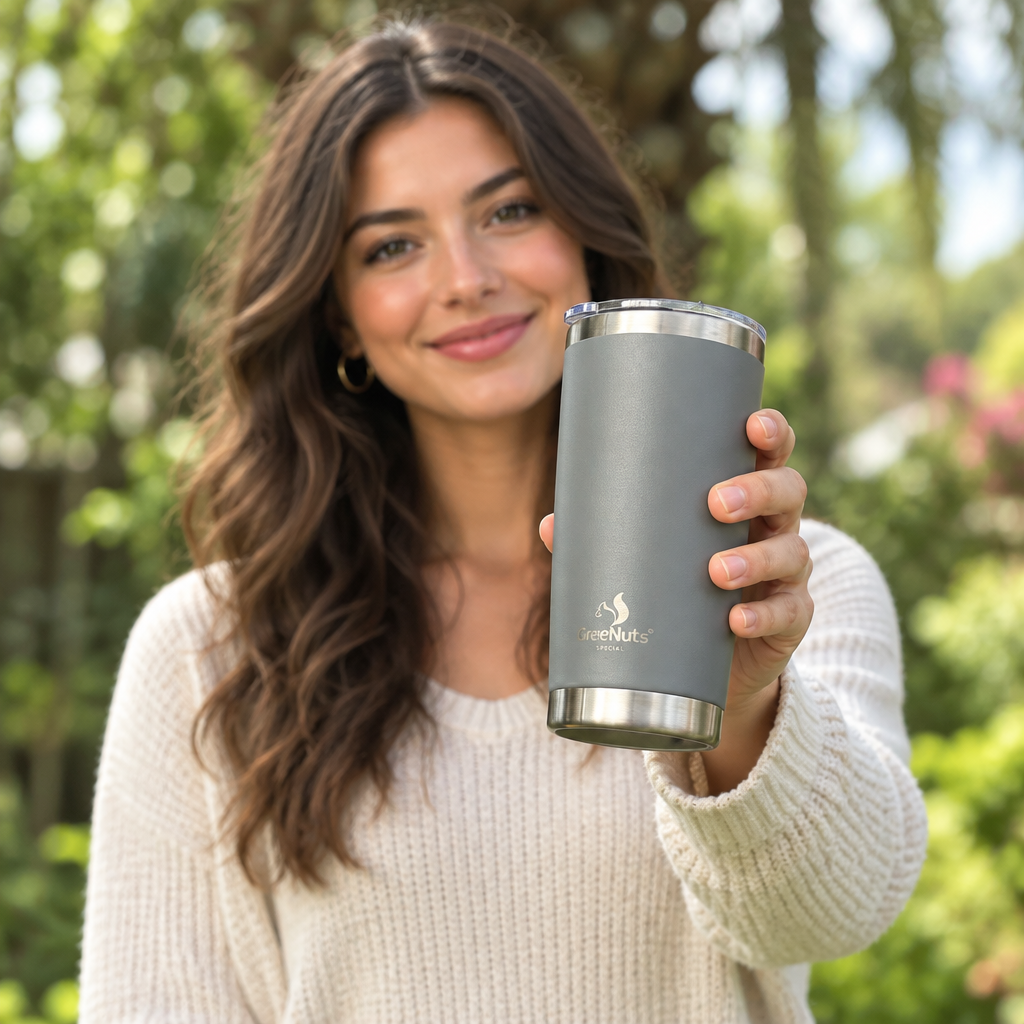 Mujer sosteniendo vaso térmico SweeNuts