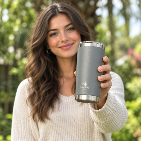 Mujer sosteniendo vaso térmico SweeNuts